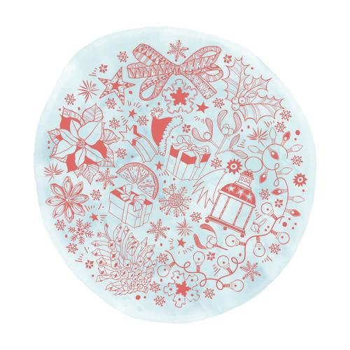 Vektorgrafik winterfesttagsymbole im blauen aquarellkreis, doodle-stil
