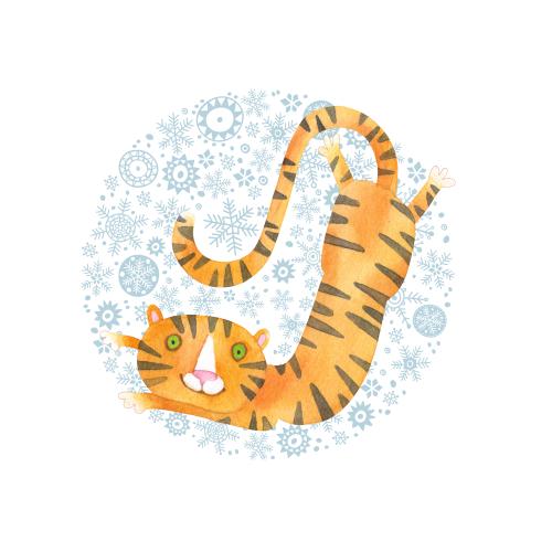 Tiger. Vektor Aquarellmalti-Tigerjunges auf Schneeflocken im Kreis