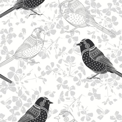 Vogel. Vektor konturen und Silhouetten monochromer Vögel auf weißem in Blumenmuster