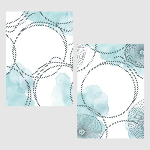 Postkarte. Vektor zwei Postkarten mit maritimen Motiven, Wasserfarbenstreifen, runden maritimen Seilen, maritimen Kreaturen und einem Textfeld