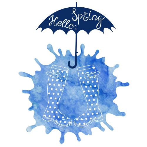 Klecks. Vektor Gummistiefel, Regenschirm, blaue Aquarellklecks und Schriftzug hello spring auf weißem