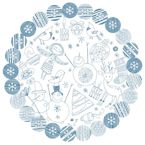 Tee. Vektor Engel, Schneemänner, Elch, Spielzeug, Kerzen und andere Symbole der Winterfeiertage in einem Kreis aus Schneeflocken auf weißem