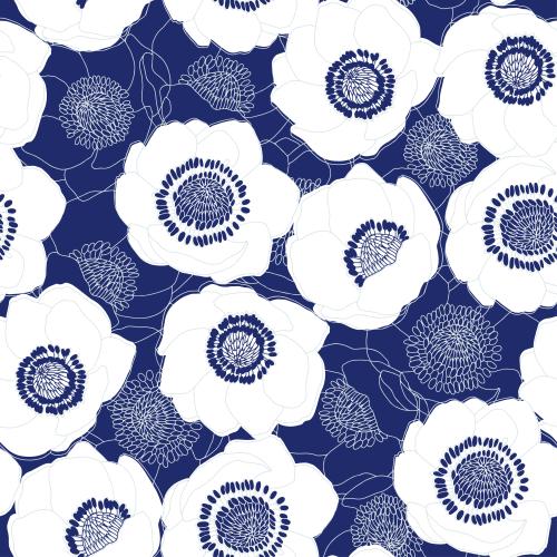 Anemone. Vektor Anemonen, weiße Konturen und Silhouetten auf blauem