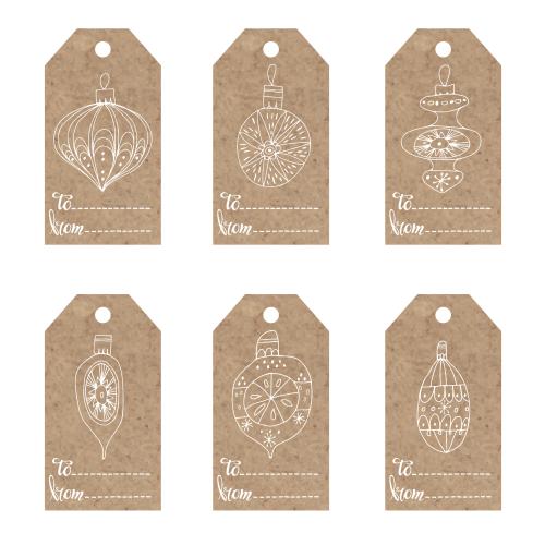 Spielzeug. Vektor Craft-Etiketten mit Weihnachtsbaumschmuck
