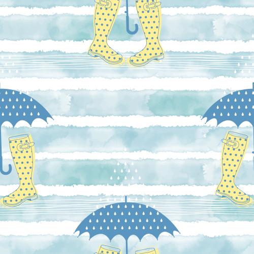 Vektorgrafik stiefel, schirme, regentropfen, blaue aquarellstreifen auf weiß