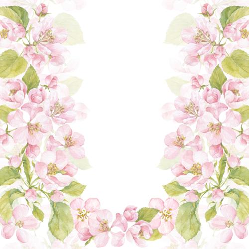 Rasterbild aquarellblumen und apfelbaumblätter, platz für text auf weißem