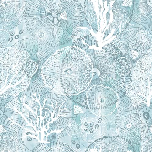 Vektorgrafik abstrakte meereskreaturen, korallen, algen, muscheln und dekorative wellen auf blauem aquarell