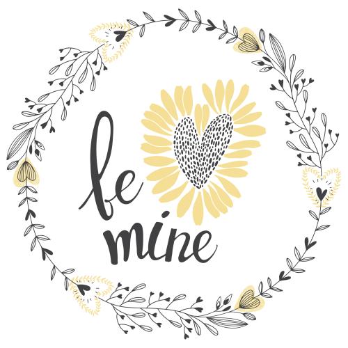 Vektorgrafik runde rahmen mit doodles blumen und herzen, mit der aufschrift 'be mine' auf weißem