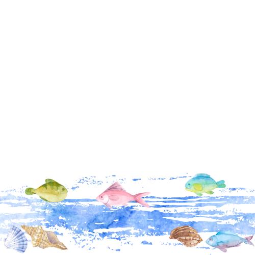 Rasterbild aquarellmuscheln, fische, wellen, textfeld auf weißem