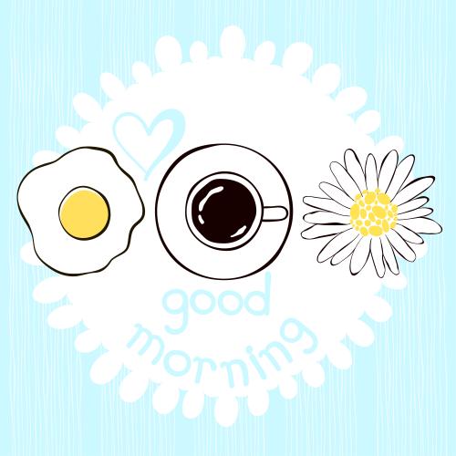 Vektorgrafik eierkuchen, kaffee, margerite, schriftzug good morning auf blauem