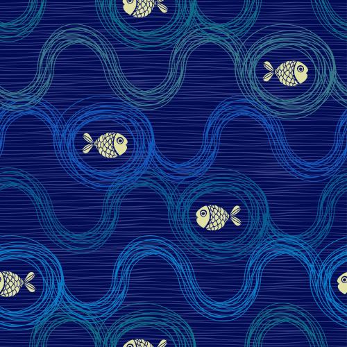 Vektorgrafik gelbe cartooneske fische schwimmen auf den wellen auf dem blauen