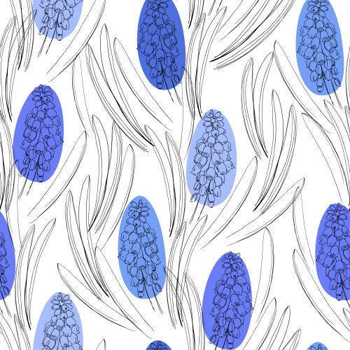 Traubenhyazinthe. Vektor Muscari, Blumen, Blätter, farbige Flecken auf Weiß