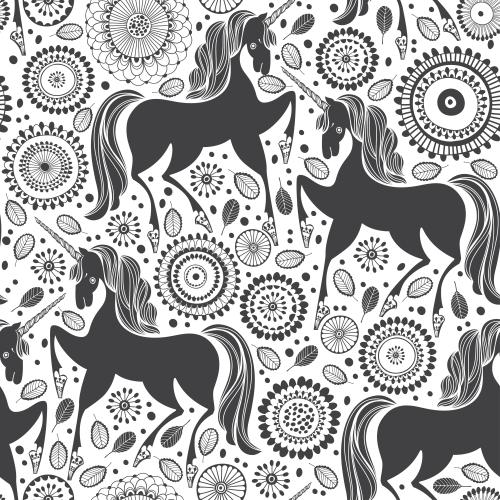 Einhorn. Vektor cartoonartige Einhörner, sagenhafte Blumen und Blätter auf weißem