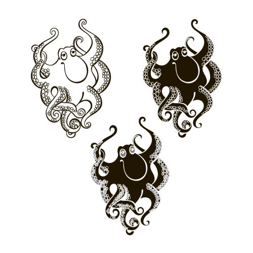 Oktopus. Vektor Hübsche cartoonartige Octopussen, Silhouetten und Konturzeichnung auf weißem