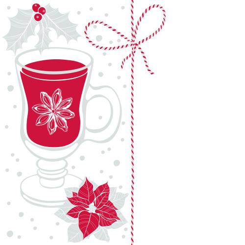 Gläser. Vektor Glühweinglas, Poinsettia, Euphorbie, Schnee, festliche Schnur mit Band und Platz für Text auf weißem