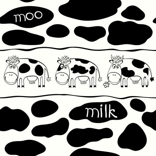 Kuh. Vektor Hübsche cartoonartige Kühe, Flecken und Aufschriften moo, milk