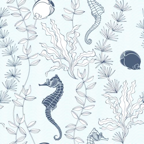 Vektorgrafik seeigeln, tropische fische und algen auf blauen wellen