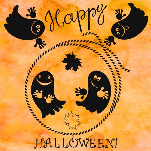 Geist. Vektor runde Rahmen aus Seil, süße Geister, Schriftzug Happy Halloween, schwarze Silhouetten auf Aquarell-orange