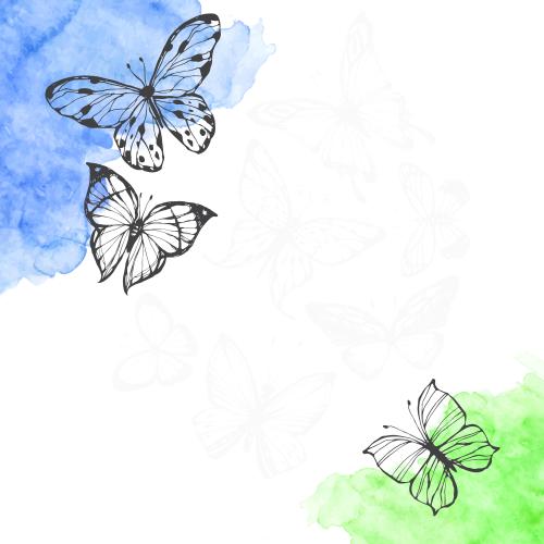 Vektorgrafik schmetterlinge, blaue und grüne aquarellflecken, platz für text auf weißem, eckkomposition