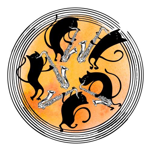 Saxophon. Vektor cartoonartige schwarze Katzen mit Saxophonen im Kreis mit einem Aquarellfragment auf weißem