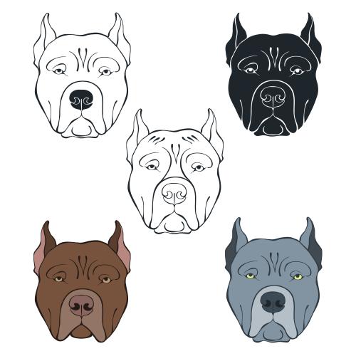 Hund. Vektor Pitbull-Masken, verschiedene Varianten auf weißem
