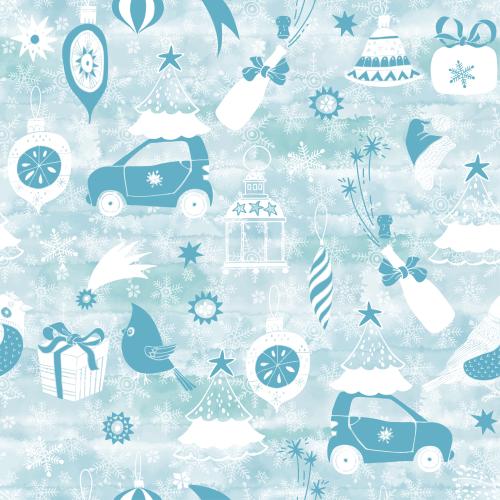 Auto. Vektor Tannen, Kardinalvogel, Spielzeug, Champagner, Geschenke, Schneeflocken und andere Winterfesttagsymbole auf blauem Aquarell