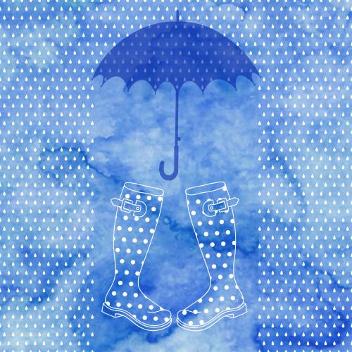 Stiefel. Vektor regen Schirm Gummistiefel auf dem blauen Aquarell