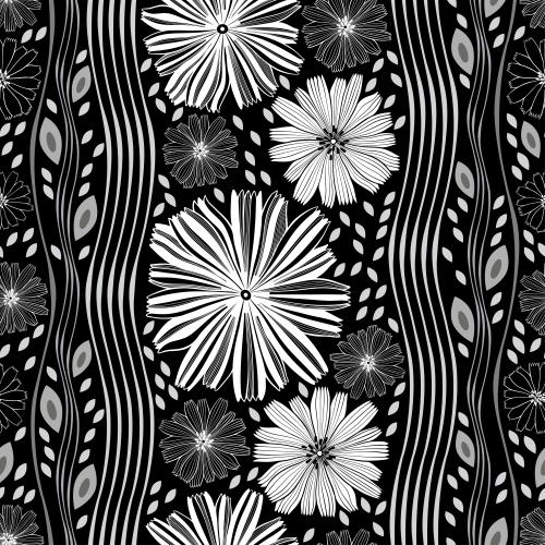 Zichorie. Vektor verschiedene monochrome Blumen, Blätter, wellige vertikale Streifen auf schwarz