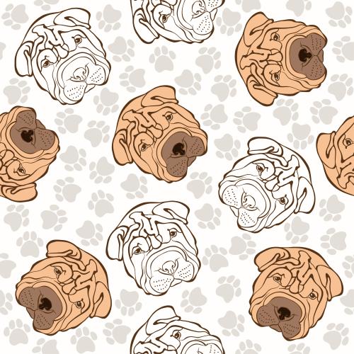 Shar pei. Vektor Porträts von Sharpe und Pfotenabdrücke auf Weiß