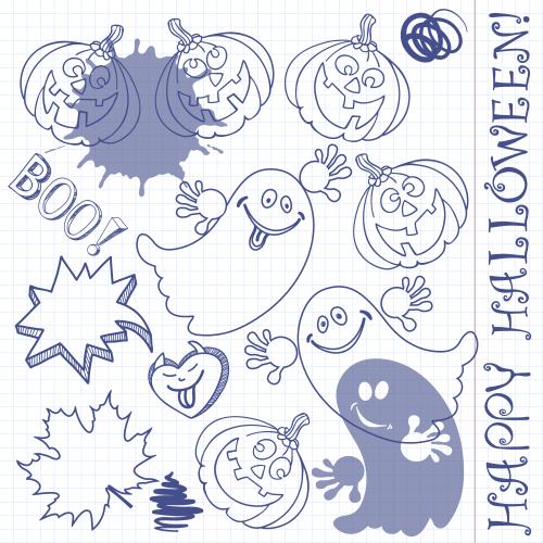 Heft. Vektor Cartoon-Geister, süße Kürbisse, Halloween-Symbole auf kariertem Notizblatt