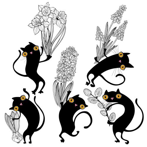 Narzisse. Vektor cartoonartige schwarze Katzen mit Hyazinthen, Narzissen, Muscari und Weidenzweig