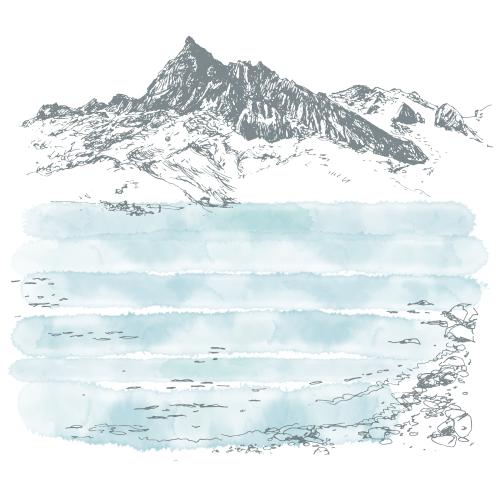 Vektorgrafik landschaft mit bergen und meer koktebel krim skizze auf weiß mit blauen aquarell-fragmenten