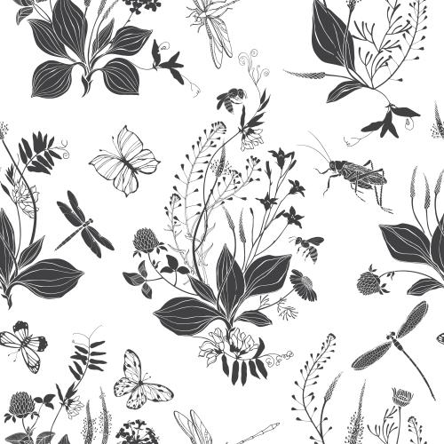 Biene. Vektor Gleitschirm, Pastor-Tasche, Kamille, Klee, Feldblumen, Schmetterlinge, Bienen, Libellen, Grashüpfer auf weißem