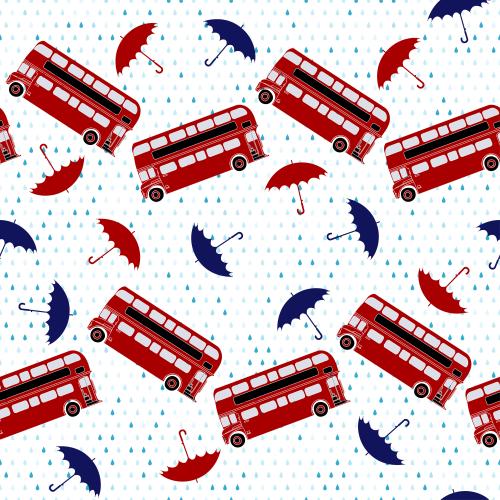 Regen. Vektor rote zweistöckige Busse, Schirme und Regentropfen auf weißem
