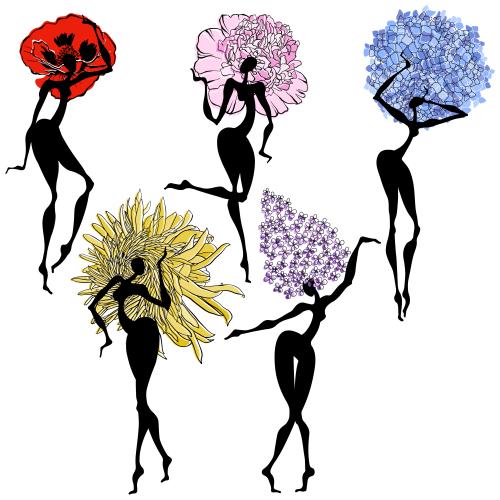 Pfingstrose. Vektor tanze Frauenblumen, Silhouetten auf weißem