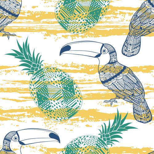 Frucht. Vektor dekorative Toucans und Ananasen, texturierte Streifen auf weißem