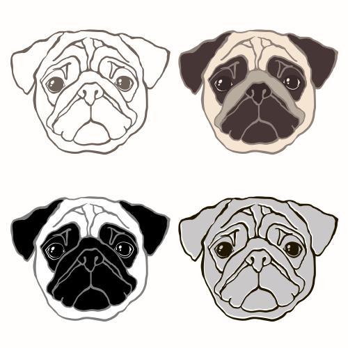 Mops. Vektor Mops, vier verschiedene Varianten auf weißem