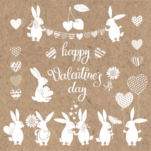 Vektorgrafik hübsche kaninchen, herzchen, luftballons und girlande, schriftzug happy valentine's day, weiße silhouetten auf kraft
