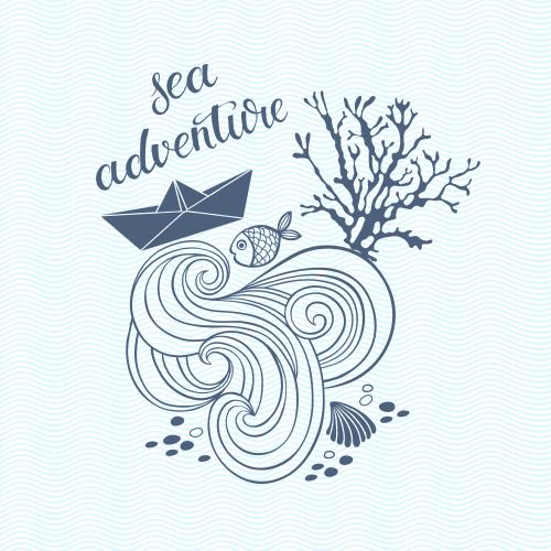 Schiffchen. Vektor Komposition auf maritimen Thema mit Wellen, Papierboot, Koralle, Fisch, Muschel und Inschrift Sea Adventure auf blauen Wellen