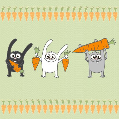 Sommer. Vektor drei hübsche cartoonartige Hasen mit Karotten auf grünem Gras