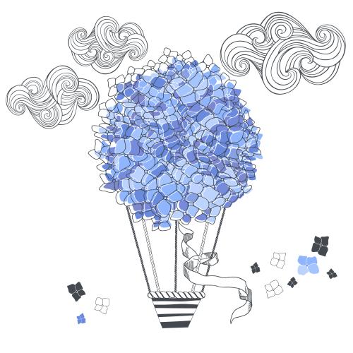 Luftballon. Vektor Blumenluftballon, Hydrangea, Wolken auf weißem