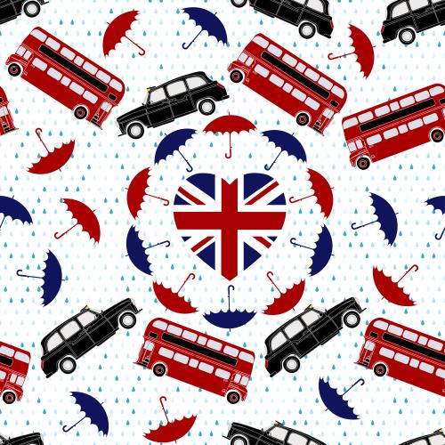Reise. Vektor zweistöckige rote Busse, Taxis, Flagge Großbritanniens in Form eines Herzens, Schirme und Regentropfen auf weißem