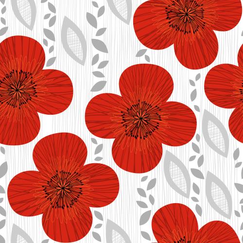Mohn. Vektor stylisierte rote Mohnblumen, dekorative Blätter auf weißem Streifen