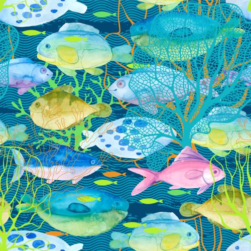 Rasterbild cartoonartige aquarellfische, korallen, algen, wellen auf blauem