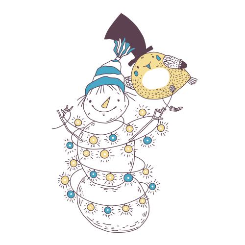 Schneemann. Vektor cartoonartige Schneemann und Vögelchen auf weißem