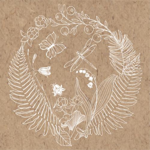 Kranbeere. Vektor Waldkomposition im Kreis, Farnblätter, Glockenblumen, Lilien, Moorbeeren, Kranbeeren, Liszen, Libelle, Schmetterling auf Kraftpapier