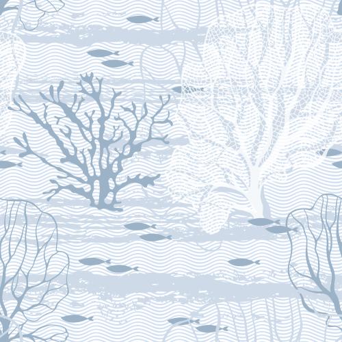Natur. Vektor Algen, Korallen, Fische und Wellen in weiß-blauen Tönen