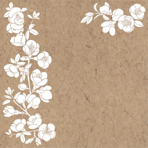 Japanische quitte. Vektor japanische Blütenquince, Zweige mit Blumen, weiße Silhouetten und Platz für Text auf Kraft