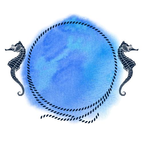 Seil. Vektor runder Rahmen aus Meeresseil, blauer Aquarellfragment, Seepferdchen auf weißem