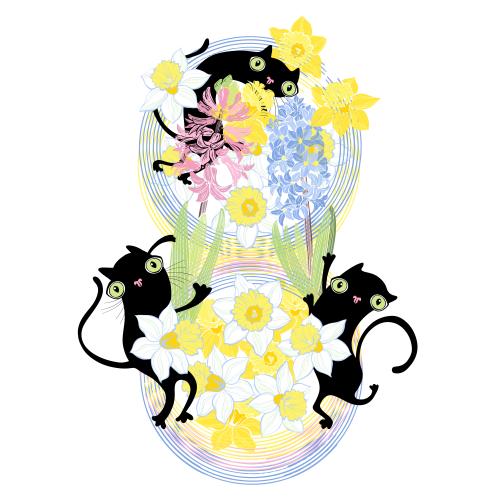 Hyazinthe. Vektor Blumenacht mit cartoonischen schwarzen Katzen